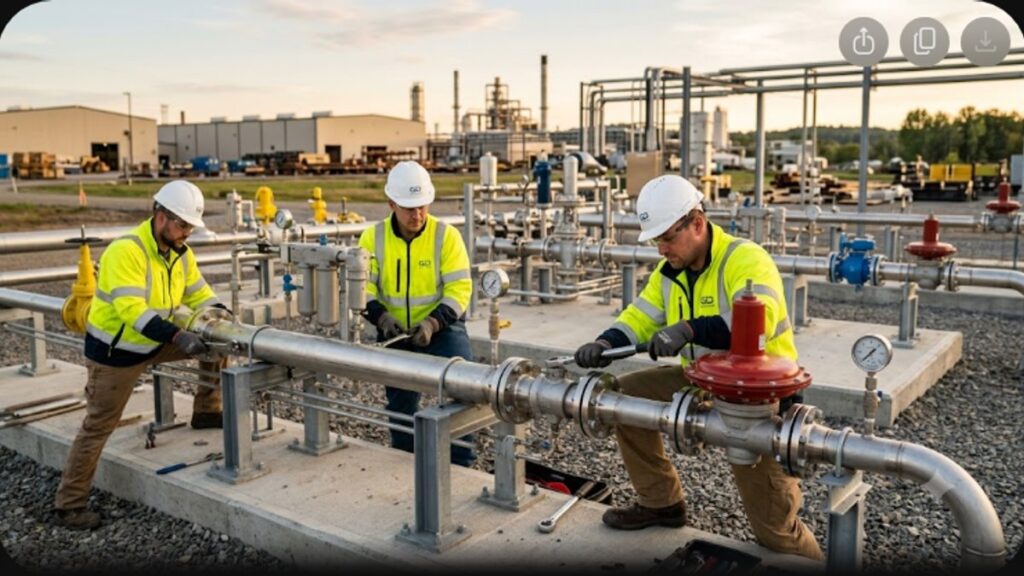 Процесс монтажа современного газораспределительного пункта на промышленном предприятии в светлое время суток