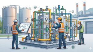 Современная иллюстрация процесса монтажа газораспределительного пункта для промышленного предприятия в минималистичном стиле