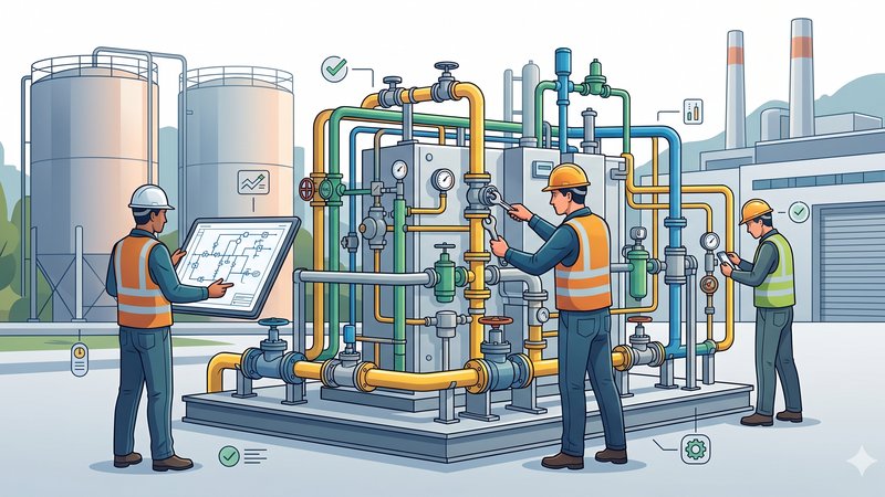 Современная иллюстрация процесса монтажа газораспределительного пункта для промышленного предприятия в минималистичном стиле