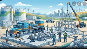 Современная иллюстрация процесса монтажа оборудования газораспределительного пункта на промышленном заводе в футуристическом стиле